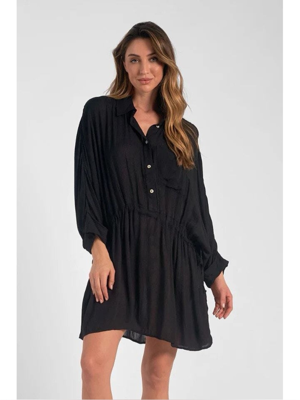 Relaxed Black Button-Front Beach Cover Up Shirt Dress